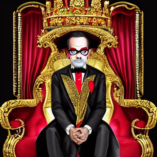 Prompt: the king of india sitting on a throne wearing a black suit and a red fez, detailed face with red lips, blue eyes and large forehead, moody atmosphere, digital art, highly detailed, high contrast, beautiful lighting, award winning, trending on art station, photorealistic, 8 k,