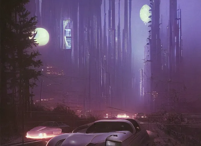 Prompt: a car driving down a street next to tall Forest-2 the night, cyberpunk art by Chesley Bonestell, cgsociety, retrofuturism, matte painting, reimagined by industrial light and magic