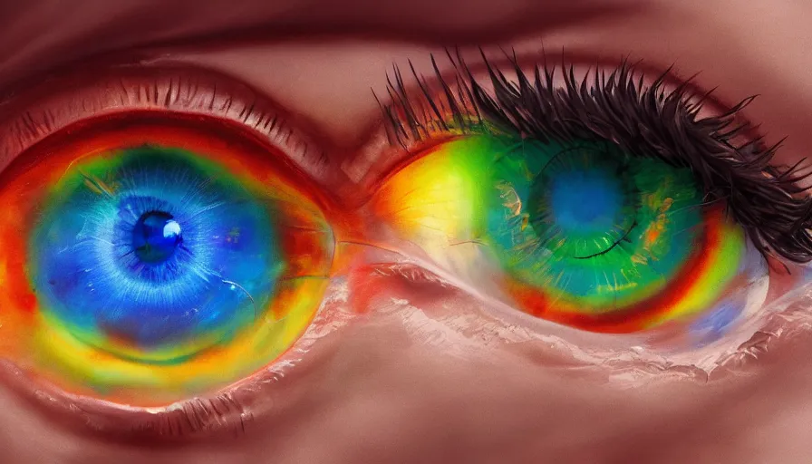 Prompt: Eye with a rainbow retina, hyperdetailed, artstation, cgsociety, 8k