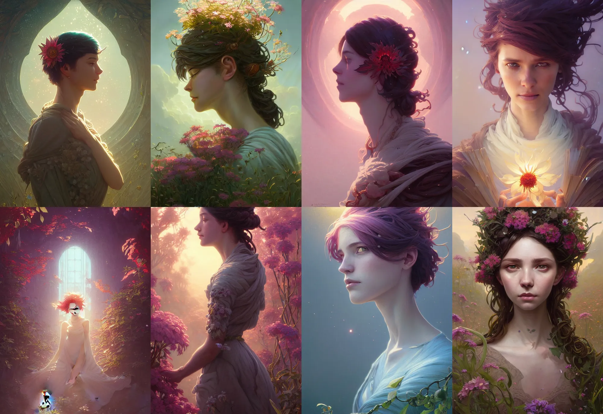 Image similar to highly detailed portrait of a flower, stephen bliss, unreal engine, fantasy art by greg rutkowski, loish, rhads, ferdinand knab, makoto shinkai and lois van baarle, ilya kuvshinov, rossdraws, tom bagshaw, alphonse mucha, global illumination, radiant light, detailed and intricate environment