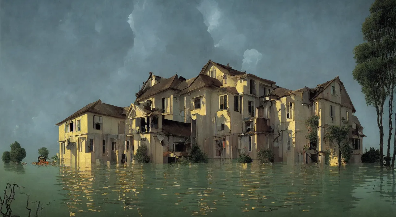 Prompt: a high contrast! painting of a minimalist flooded ancient single house by rene magritte simon stalenhag carl spitzweg jim burns, full-length view, vibrant colors, extremely high contrast!, symmetry, great composition, high detail, cinematic lighting, award winning masterpiece, trending on artstation