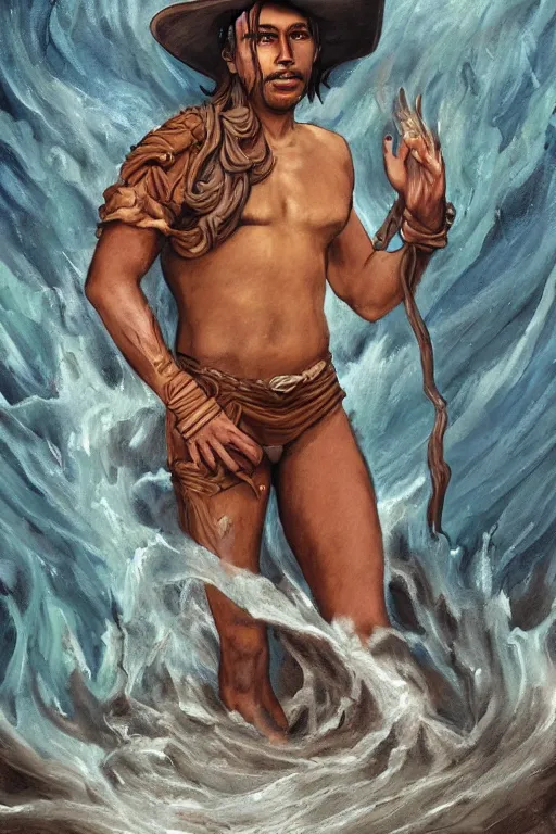 Prompt: a dramatic, epic, ethereal tarot painting of a handsome!! brown shirtless man dressed as a cowboy | background is a torrential flooding river | tarot card, art deco, art nouveau | by Mark Maggiori | trending on artstation