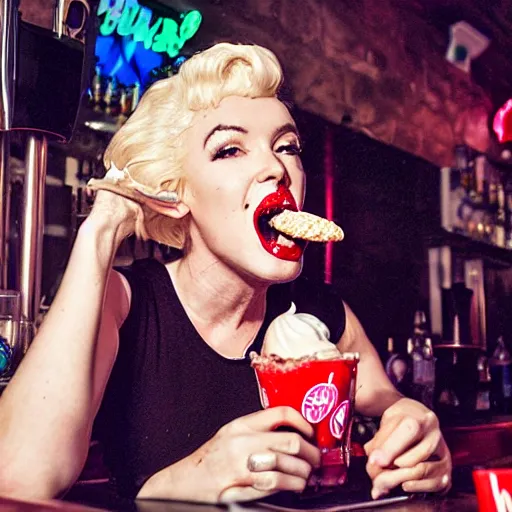 Prompt: marilyn manroe licking a melting ice cream cone sitting in a cyberpunk pub