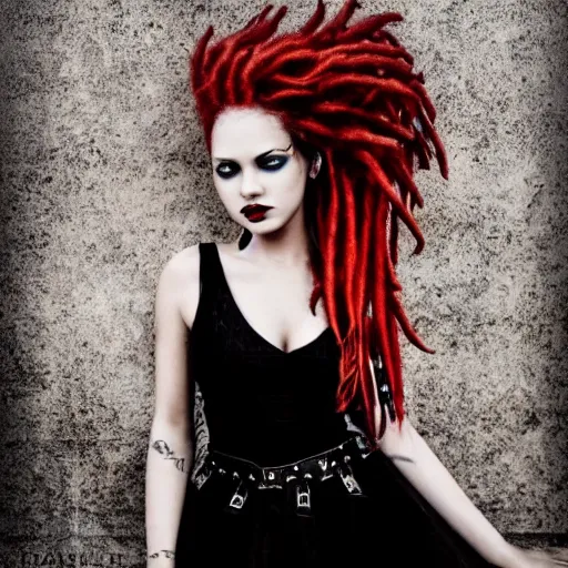 Image similar to photography flawless beautiful instagram female with blonde and red dreadlocks in a black ballgown, dark, piercing eyes, exotic expression, esoteric clothing, photorealistic, highly detailed, mysterious lighting, smooth, sharp focus, 8 0 mm camera