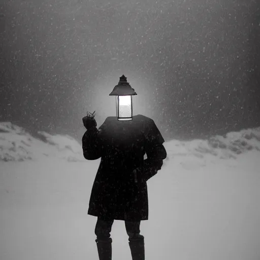 Image similar to a man holds a lantern, snowstorm, alien landscape, foggy, cold, view from the distance, black and white vintage photo