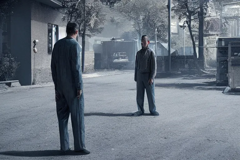 Prompt: Mysterious man standing in the middle of a sci-fi street photo by Gregory Crewdson, it\'s a city on the Moon