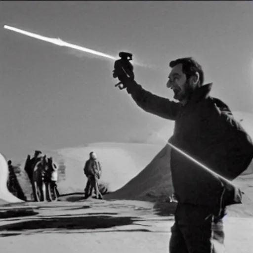 Image similar to Stanley Kubrick filming an alien invasion, jets chasing UFOs