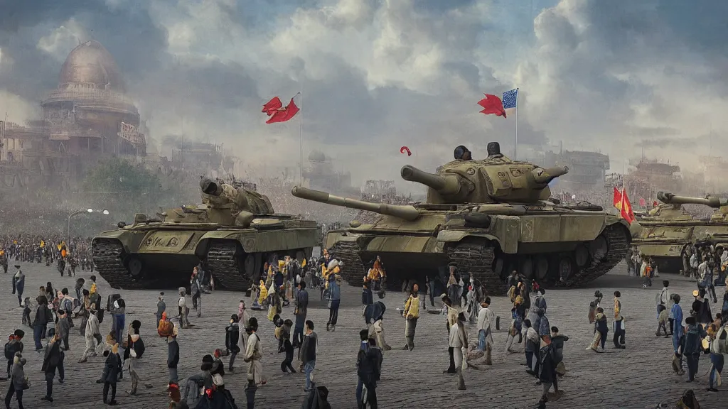 Image similar to giant winnie the pooh bear walking in the tiananmen square parade with tanks and icbm missiles. andreas achenbach, artgerm, mikko lagerstedt, zack snyder, tokujin yoshioka