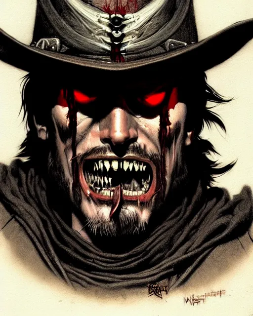 Image similar to mccree from overwatch, evil, crazed look in his eyes, character portrait, portrait, close up, concept art, intricate details, highly detailed, horror poster, horror, vintage horror art, realistic, terrifying, in the style of michael whelan, beksinski, and gustave dore