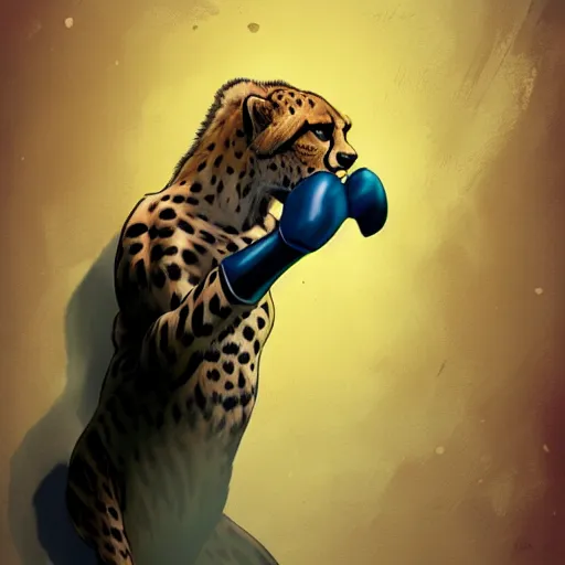 Prompt: cheetah wearing boxing gloves, high resolution, award winning, artstation, concept art,