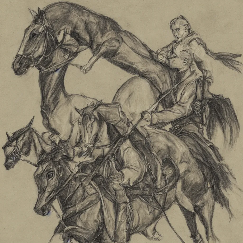 Image similar to sketch of single Draco Malfoy riding one black horse at Hogwarts, drawings, by Mary GrandPré, extreme detail