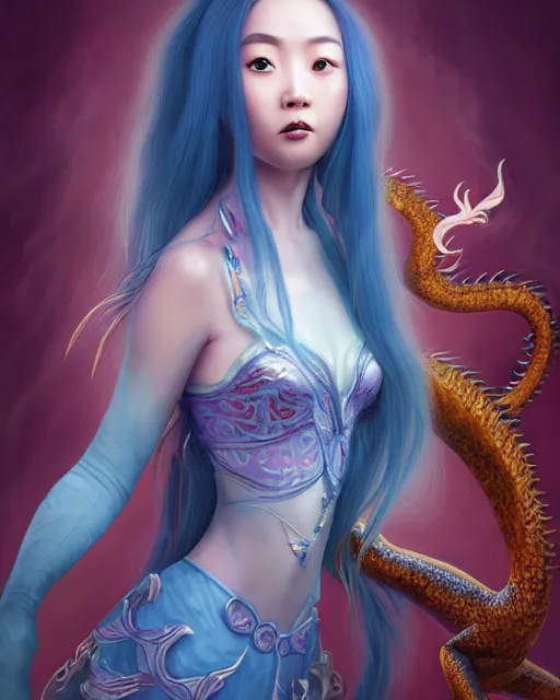 Prompt: an epic fantasy comic book style full body portrait painting of a beautiful Chinese woman, long blue hair, cute, riding a dragon through the sky, character design by Mark Ryden and Pixar and Hayao Miyazaki, unreal 5, DAZ, hyperrealistic, octane render, cosplay, RPG portrait, dynamic lighting, intricate detail, summer vibrancy, cinematic