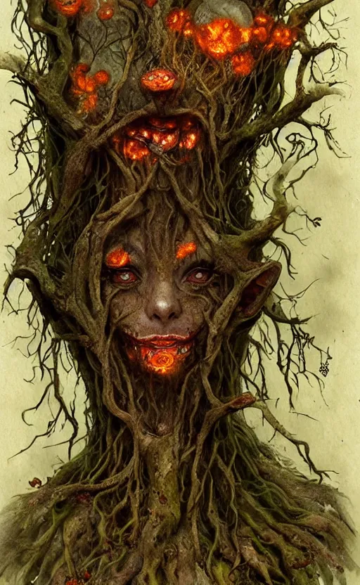 Image similar to rotten tree spirit dryad with a beautiful face and flaming mouth and eyes, mushrooms, fungi, lichen, sketch lines, graphite texture, old parchment, guillermo del toro concept art, justin gerard monsters, intricate ink illustration