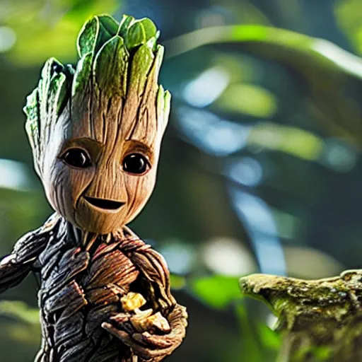 Image similar to baby groot eating banana on island in jungle