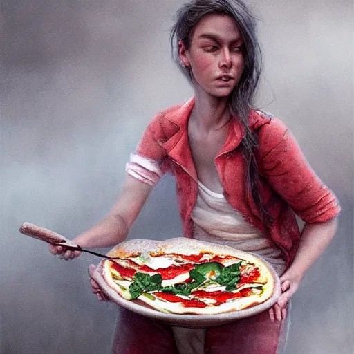 Image similar to neapolitan pizza margherita, by esao andrews, by james jean, humorous illustration, hyperrealistic, big depth of field, warm colors, night scenery, low light, 3 d octane render, 4 k, conceptart, hyperdetailed, hyperrealistic, trending on artstation
