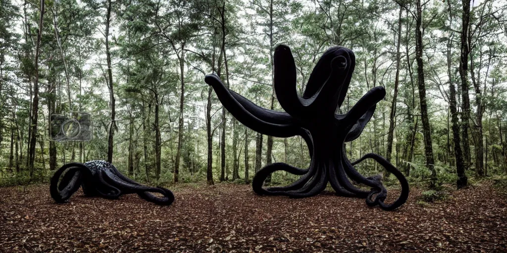 Prompt: a huge black octopus in the middle of a forest, winding around trees, beautiful ambient light, 8k photography