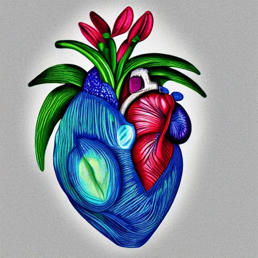 Prompt: an anatomically correct human heart in the shape of an orchid flower, colored