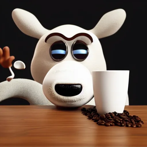 Prompt: cute furry cow character with a cup of coffee on top of his head, 3d render by Pixar, raytracing, 4k, movie still