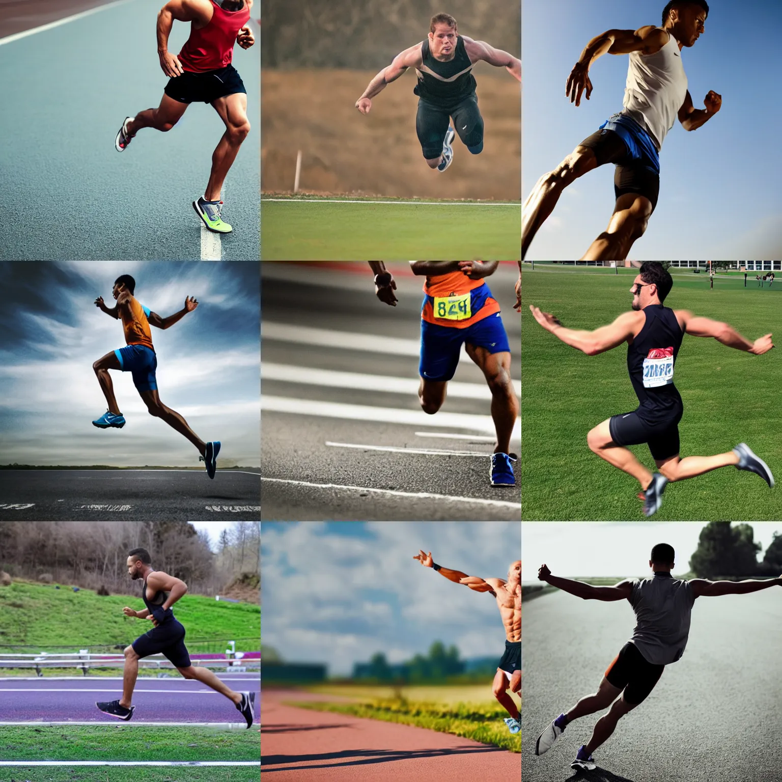 Prompt: photo of an athlete running while leaning forward with his arms outstretched behind him