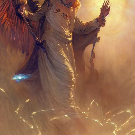 Image similar to attractive male deity casts light spell, summons attractive male lucifer morningstar. highly detailed painting by gaston bussiere, craig mullins, j. c. leyendecker 8 k