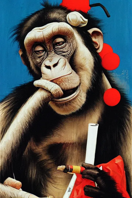 Prompt: a chimp in a clown suit, smoking a cigarette, painted by Norman Rockwell