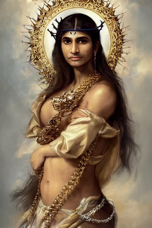 Image similar to Gorgeous full-body renaissance portrait of Mia Khalifa as a queen of fantasy kingdom with Crown of thorns on his head, front view, gold, artstation, very beautiful, luxurious, impressive, soft light, by Anthony van Dyck and Daniel Gerhartz