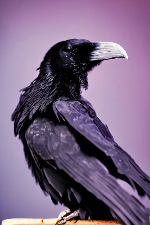 Image similar to beautiful raven standing in a shadow of the soft deep purple light of lantern, mystery, mysterious, soft dark muted colors, simple shapes, golden ratio, perfect composition, dramatic, medium close - up ( mcu ), cannon ef, 5 0 mm, f / 2. 8