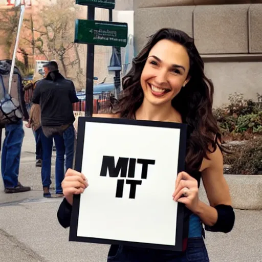 Image similar to Gal Gadot holding a sign that says M I T C H I E P O O !!!! as painted by Ralph Horsley