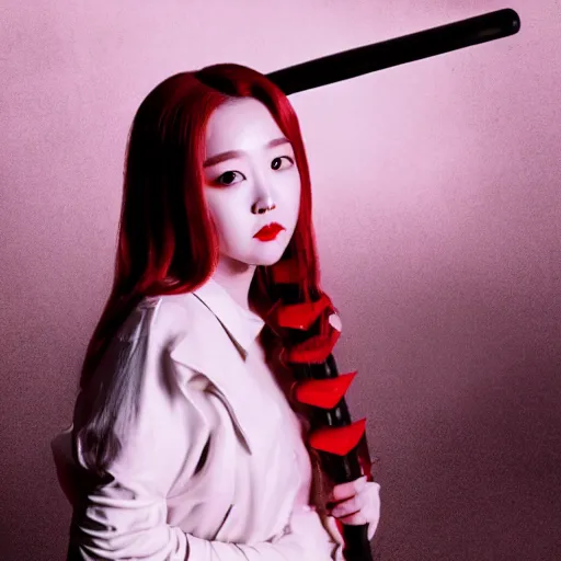 Prompt: photo of Chuu Kim Ji-woo from LOONA dressed as Negan, mischievous look with her barbed baseball bat Lucille, in the style of George Hurrell, white fog, octane render