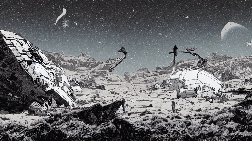 Prompt: very detailed, prophet graphic novel, ilya kuvshinov, mcbess, rutkowski, simon roy, illustration of a massive crashed space ship on a craggy desert planet, wide shot, colorful, deep shadows, astrophotography