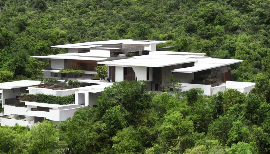 Prompt: villa inspired by tibetan architecture, on a green hill, overlooking a valley with trees, frank lloyd wright, zaha hadid, le corbeusier, photorealistic, birds eye view