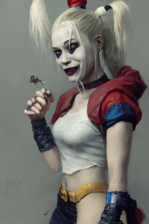 Image similar to a portrait of Harley Quinn by Greg Rutkowski, Sung Choi, Mitchell Mohrhauser, Maciej Kuciara, Johnson Ting, Maxim Verehin, Peter Konig, final fantasy , mythical, 8k photorealistic, cinematic lighting, HD, high details, atmospheric,