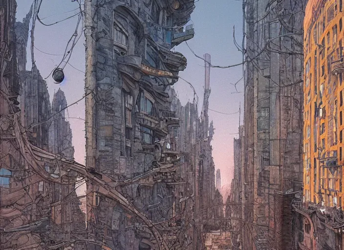 Prompt: close up city street view on an alien planet by moebius, earth and pastel colors, architecture by gaudi, mutant inhabitatnts by enki bilal, dramatic perspective, very coherent, trending on artstation