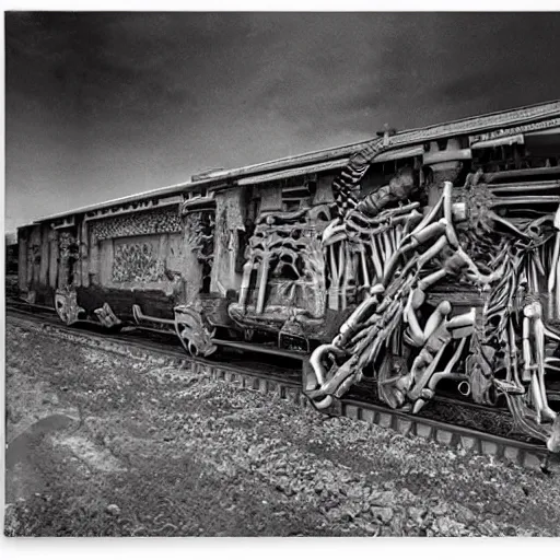 Image similar to boxcar made of human meat and bone, biomechanical railroad, highly detailed, War Photography, by H.R. Giger