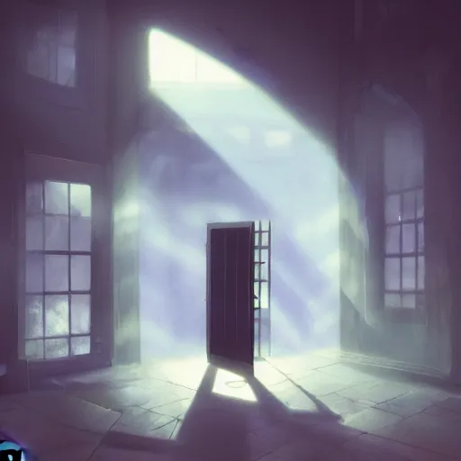 Image similar to a highly detailed matte painting of a dark black room at night, the door is almost closed and light shines through a gap by studio ghibli, makoto shinkai, by artgerm, by wlop, by greg rutkowski, volumetric lighting, octane render, 4 k resolution, trending on artstation, masterpiece
