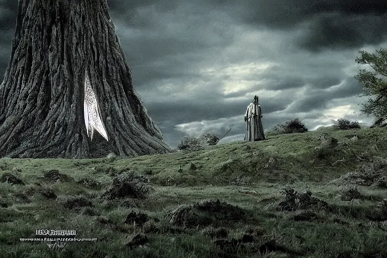 Image similar to movie still from the lord of the rings directed by ridley scott, landscape, the shire in the style of h. r. giger, grey sky overhead, metallic hobbit holes