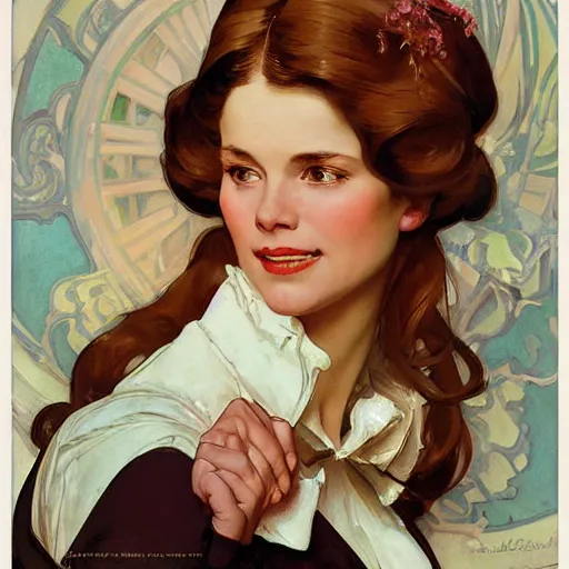 Image similar to portrait of beautiful woman by jc leyendecker, by norman rockwell, by alphonse mucha, by greg rutkowski