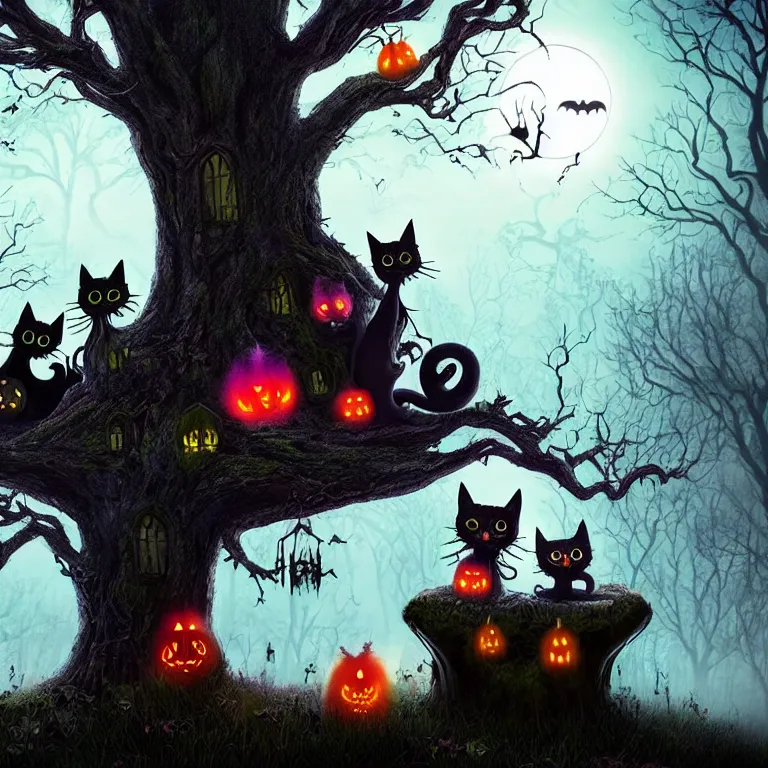 2 cute but spooky cats sitting next a large tree in | Stable Diffusion ...