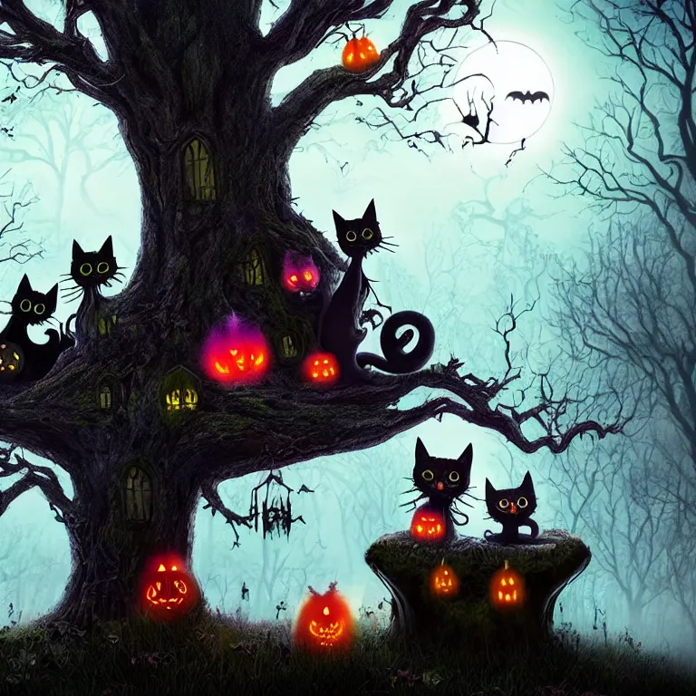 Prompt: 2 cute but spooky cats sitting next a large tree in the middle of a gothic graveyard, warm, glowing lights, tim burton style, trending on artstation, 8 k,