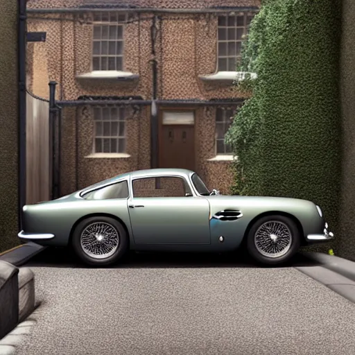 Image similar to a wholesome animation key shot of a toy aston martin db 5, in a rich london mews residential street, medium range, studio ghibli, ( pixar ) and disney animation, sharp, very detailed, unreal engine 5 render, bloom, high resolution, anime key art by greg rutkowski