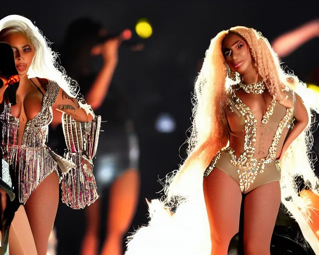 Image similar to Lady gaga and Beyonce perfom together at a concert, EOS 5D, ISO100, f/8, 1/125, 84mm, RAW Dual Pixel, Dolby Vision, HDR, AP, Featured