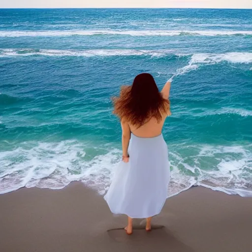 Prompt: woman with waving long hair, wading through ocean waves, back view, first person view