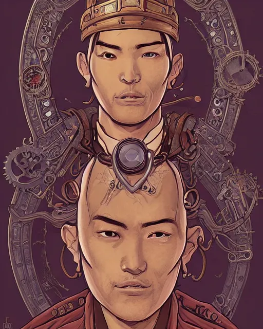 Image similar to a detailed portrait illustration of a steampunk noble - mage. handsome asian male face. art nouveau, pop art, comic book style. influenced by neil gaiman, h. p. lovecraft, dan mumford, eddie mendoza, vadim voitekhovitch, killian eng, ross tran.