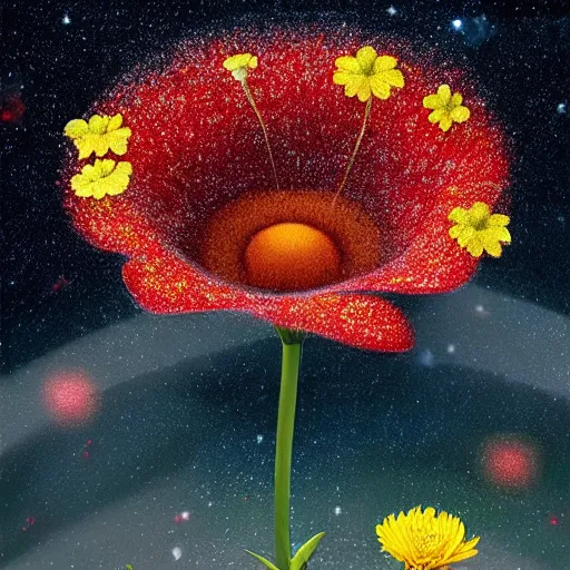 Prompt: Not often, but occasionally. A star is born in a flower. Nestled in a soft bed of pollen and petals it can grow in the most unlikely of places. Just waiting for a lucky creature to find it,night star sky background Galaxys, red and yellow flower by Gediminas Pranckevicius