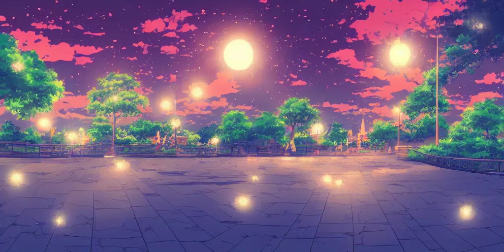 Image similar to anime background of a park at night, award - winning digital art