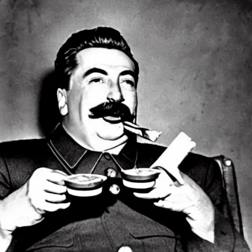 Image similar to stalin eats burger with ketchup while smoking cigar