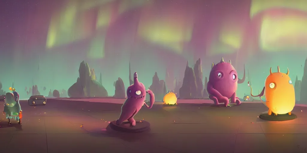 Prompt: cute monsters viewing an art gallery exhibit and Aurora borealis by Goro Fujita and Simon Stalenhag , 8k, trending on artstation, hyper detailed, cinematic