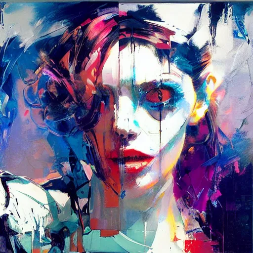 Prompt: portrait of beautiful girl, sensual dancing, ecstatic, techno party, shades of blue, by greg rutkowski, by jeremy mann, by francoise nielly