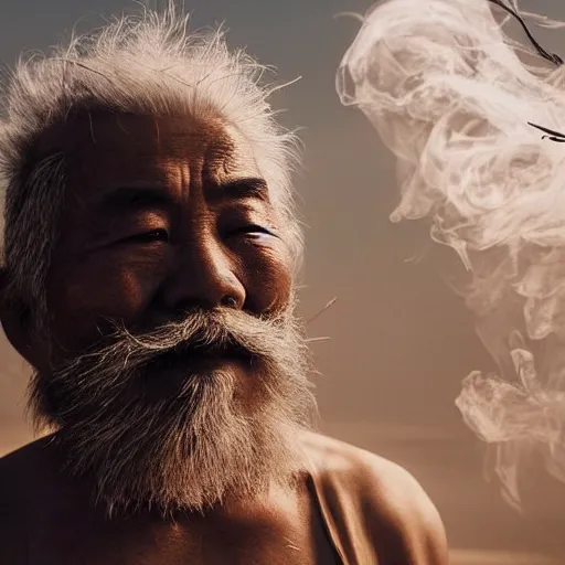 Prompt: full body shot of old asian man with long beard, his head covered in roots, full face occult silver mask, glowing eyes, holding a large carved wooden fractal stick, thick smoke around him, in the burning soil desert, cinematic shot, wide angle, desert background, volumetric lighting by Denis Villeneuve, Lubezki, Gaspar Noe, Christopher Doyle and Alejandro Jodorowsky, anamorphic lens, anamorphic lens flares, kodakchrome, cinematic composition, practical effects, award winning photo, 8k