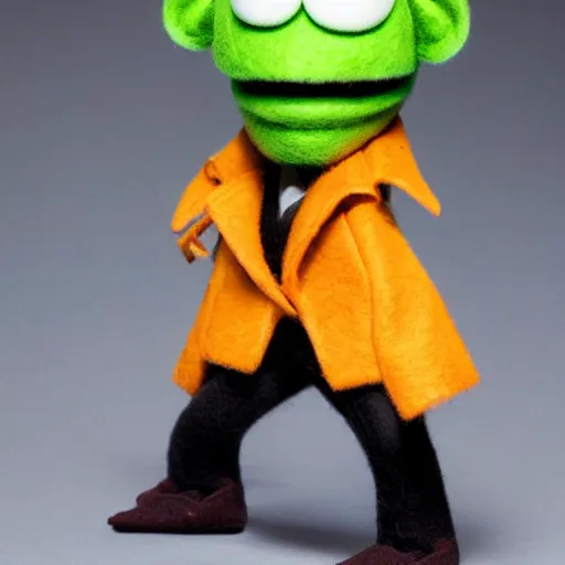 Prompt: neo from the matrix as a muppet. highly detailed felt. hyper real photo. 4 k.